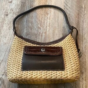 Brighton Woven Basket small shoulder handbag with brown leather.